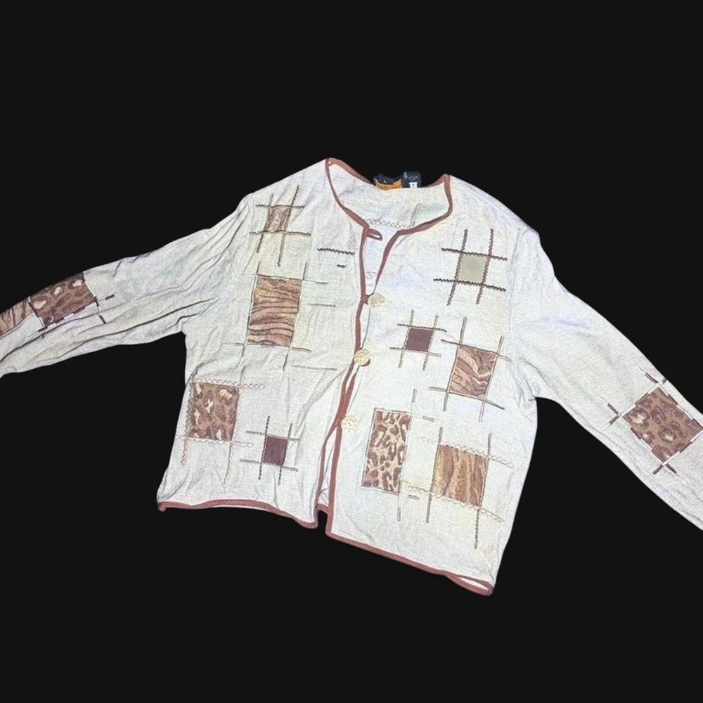 Women’s Cream Patchwork Button-Front Cardigan with Brown Trim